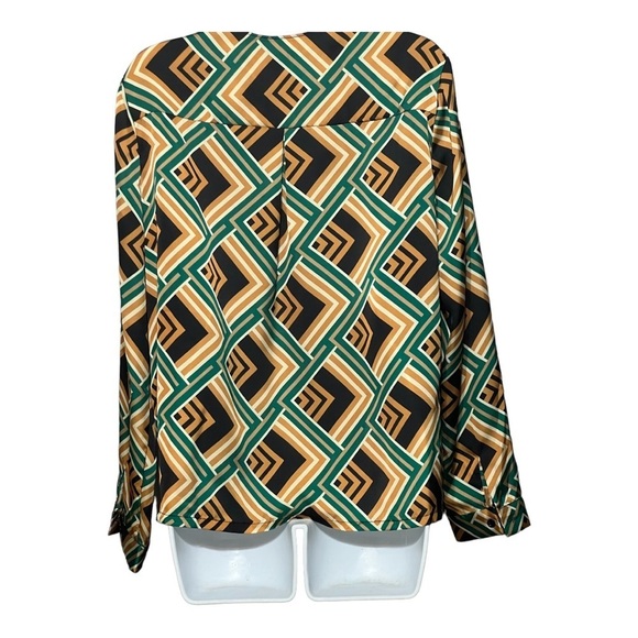 Drew Vienna Blouse Abstract Green Geometric Lightweight Relaxed Fit Wrap Tie Top - Picture 8 of 9